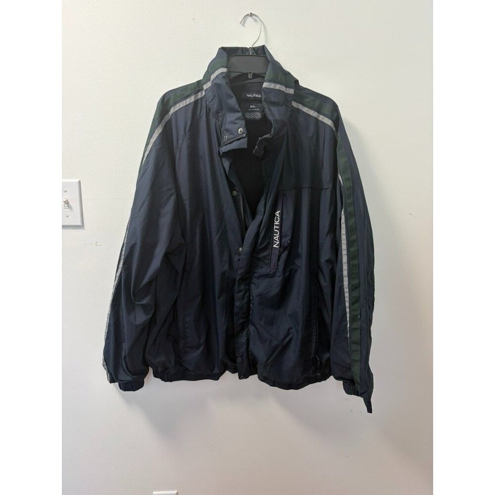 Nautica Windbreaker Jacket Mens XL Navy Blue Striped Concealed Hood Full Zip